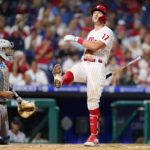 
              Philadelphia Phillies' Rhys Hoskins reacts after a strike from Miami Marlins pitcher Sandy Alcantara during the sixth inning of a baseball game, Wednesday, Aug. 10, 2022, in Philadelphia. (AP Photo/Matt Slocum)
            