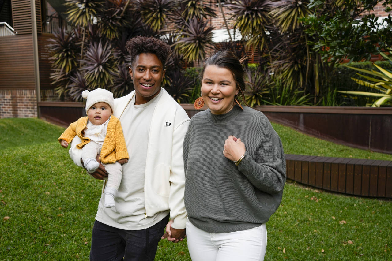Ellia Green with his partner Vanessa Turnbull-Roberts and their daughter Waitui pose in Sydney, Aus...