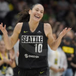 
              Seattle Storm guard Sue Bird reacts after attempting a basket against the Washington Mystics during the second half of a WNBA basketball playoff game, Sunday, Aug. 21, 2022, in Seattle. (AP Photo/Ted S. Warren)
            
