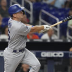 
              Los Angeles Dodgers' Will Smith (16) hits a home run during the third inning of a baseball game against the Miami Marlins, Monday, Aug. 29, 2022, in Miami. (AP Photo/Marta Lavandier)
            