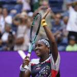 
              Coco Gauff, of the United States, reacts after defeating Leolia, Jeanjean, of France, during the first round of the US Open tennis championships, Monday, Aug. 29, 2022, in New York. (AP Photo/John Minchillo)
            