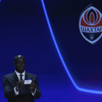 
              Ivorian coach and former player Yaya Toure shows the name of FC Shakhtar Donetsk during the soccer Champions League draw in Istanbul, Turkey, Thursday, Aug. 25, 2022. (AP Photo/Emrah Gurel)
            