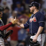 
              Atlanta Braves relief pitcher Tyler Matzek, right, is congratulated by catcher William Contreras after earning the save following a 9-7 win in a baseball game against the Boston Red Sox, Tuesday, Aug. 9, 2022, in Boston. (AP Photo/Charles Krupa)
            