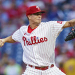 
              Philadelphia Phillies stating pitcher Kyle Gibson pitches during the third inning of the team's baseball game against the Washington Nationals, Friday, Aug. 5, 2022, in Philadelphia. (AP Photo/Chris Szagola)
            