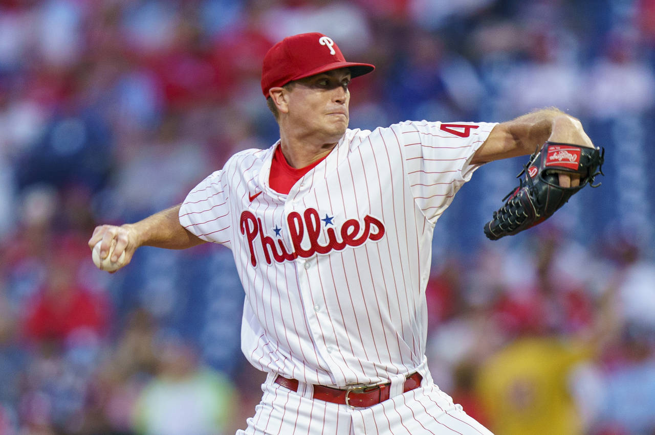Philadelphia Phillies stating pitcher Kyle Gibson pitches during the third inning of the team's bas...