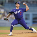 
              Los Angeles Dodgers starting pitcher Julio Urias (7) throws during the first inning of a baseball game against the Milwaukee Brewers in Los Angeles, Monday, Aug. 22, 2022. (AP Photo/Ashley Landis)
            
