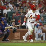
              St. Louis Cardinals' Dylan Carlson watches his two-run home run during the fifth inning of the team's baseball game against the Chicago Cubs on Tuesday, Aug. 2, 2022, in St. Louis. (AP Photo / Scott Kane)
            