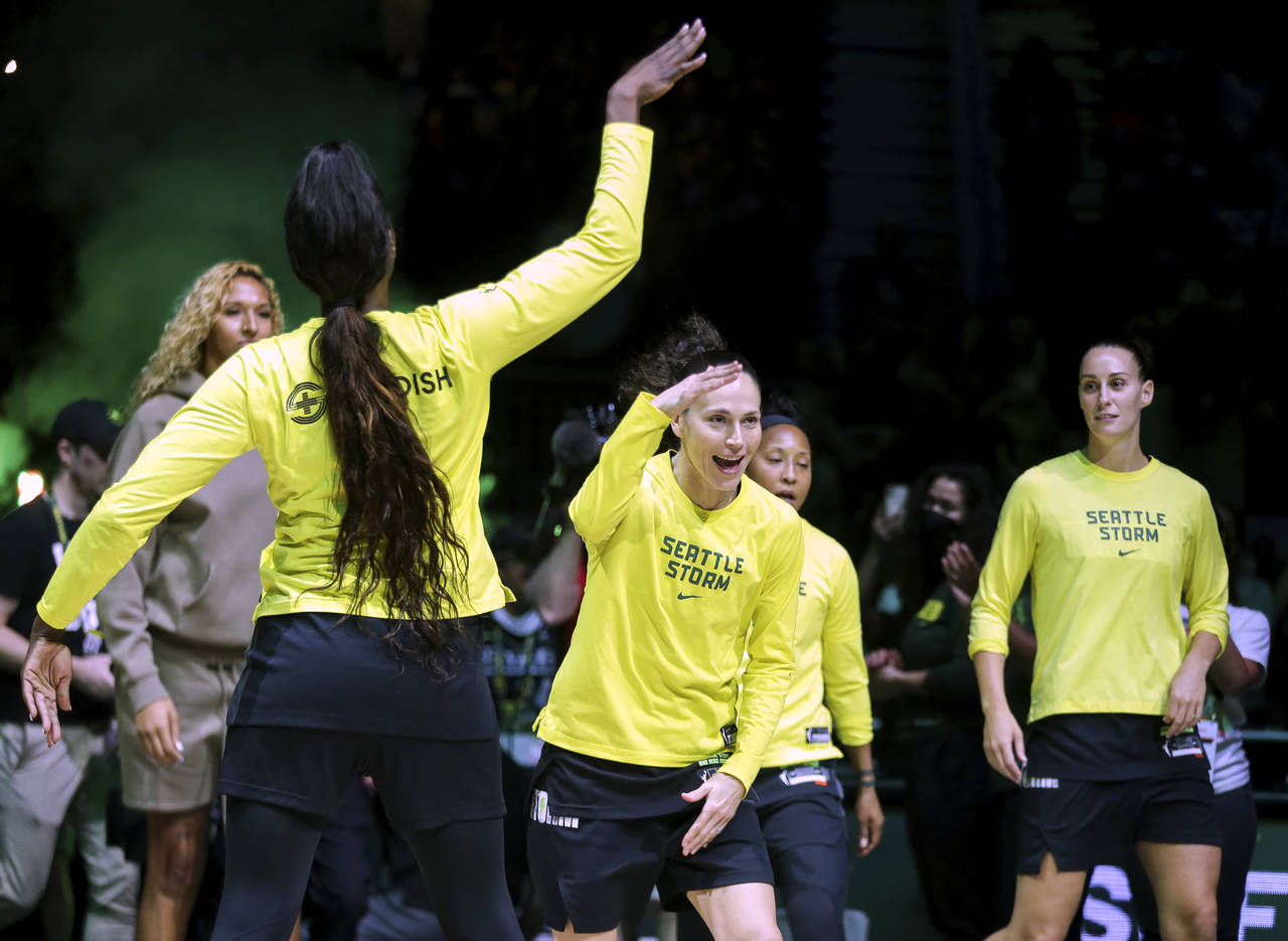 Seattle Storm guard Sue Bird (10) is introduced before Game 1 of the team's WNBA basketball first-r...