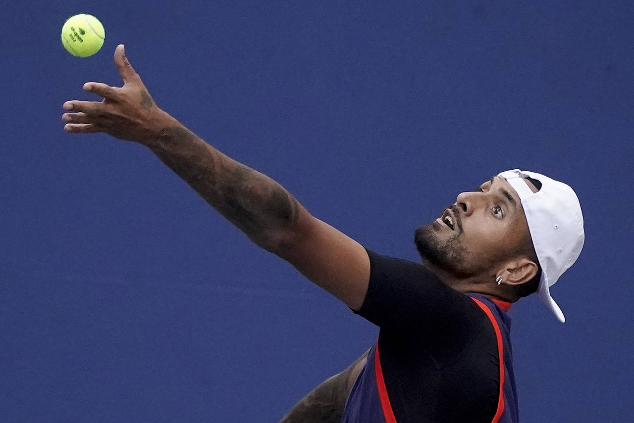 Nick Kyrgios, of Australia, serves to Benjamin Bonzi, of France, during the second round of the US ...