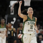
              Seattle Storm guard Sue Bird (10) reacts after a play against the Las Vegas Aces during the first half in Game 2 of a WNBA basketball semifinal playoff series Wednesday, Aug. 31, 2022, in Las Vegas. (AP Photo/John Locher)
            
