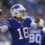 
              Buffalo Bills quarterback Case Keenum (18) passes during the first half of a preseason NFL football game against the Indianapolis Colts, Saturday, Aug. 13, 2022, in Orchard Park, N.Y. (AP Photo/Joshua Bessex)
            