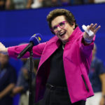 
              Billie Jean King speaks after Serena Williams, of the United States, defeated Danka Kovinic, of Montenegro, during the first round of the US Open tennis championships, Monday, Aug. 29, 2022, in New York. (AP Photo/John Minchillo)
            