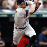 
              Houston Astros' Chas McCormick watches his RBI single off Cleveland Guardians starting pitcher Zach Plesac during the third inning of a baseball game Thursday, Aug. 4, 2022, in Cleveland. (AP Photo/Ron Schwane)
            