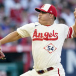 
              Los Angeles Angels starting pitcher Jose Suarez throws to an Oakland Athletics batter during the second inning of a baseball game Tuesday, Aug. 2, 2022, in Anaheim, Calif. (AP Photo/Marcio Jose Sanchez)
            