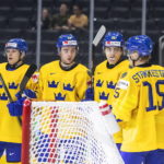 
              Sweden's Fabian Lysell (11), Isak Rosen (23), Liam Ohgren (25) and Ake Stakkestad (15) celebrate a goal against Austria during the second period at the IIHF World Junior Hockey Championship in Edmonton, Alberta, Friday, Aug. 12, 2022. (Jason Franson/The Canadian Press via AP)
            