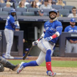 
              Toronto Blue Jays' Raimel Tapia, right, reacts during an at-bat during the ninth inning of a baseball game against the New York Yankees, Sunday, Aug. 21, 2022, in New York. (AP Photo/Corey Sipkin)
            