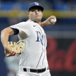 
              Tampa Bay Rays starting pitcher Shane McClanahan delivers to the Kansas City Royals during the first inning of a baseball game Friday, Aug. 19, 2022, in St. Petersburg, Fla. (AP Photo/Chris O'Meara)
            