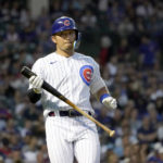 
              Chicago Cubs' Seiya Suzuki reacts to a foul ball during the third inning of the team's baseball game against the Washington Nationals Tuesday, Aug. 9, 2022, in Chicago. (AP Photo/Charles Rex Arbogast)
            