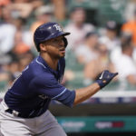 
              Tampa Bay Rays' Francisco Mejia watches his double during the ninth inning of a baseball game against the Detroit Tigers, Sunday, Aug. 7, 2022, in Detroit. (AP Photo/Carlos Osorio)
            