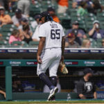 
              Detroit Tigers relief pitcher Gregory Soto walks off the field after being relieved during the ninth inning of a baseball game against the Tampa Bay Rays, Sunday, Aug. 7, 2022, in Detroit. (AP Photo/Carlos Osorio)
            