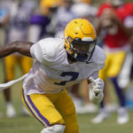 
              FILE - LSU wide receiver Kayshon Boutte (7) runs through drills during their NCAA college football practice in Baton Rouge, La., Wednesday, Aug. 17, 2022. Boutte was selected to The Associated Press preseason All-America team Monday, Aug. 22, 2022. (AP Photo/Gerald Herbert, File)
            