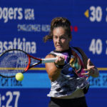 
              Daria Kasatkina, of Russia, hits a forehand to Shelby Rogers, of the United States, during the singles final at the Mubadala Silicon Valley Classic tennis tournament in San Jose, Calif., Sunday, Aug. 7, 2022. (AP Photo/Godofredo A. Vásquez)
            