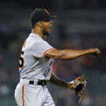 
              San Francisco Giants relief pitcher Camilo Doval reacts to the final out against the Detroit Tigers in the ninth inning of a baseball game in Detroit, Tuesday, Aug. 23, 2022. The Giants won 3-1. (AP Photo/Paul Sancya)
            