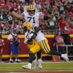 
              Green Bay Packers running back Tyler Goodson is congratulated by teammate center Josh Myers (71) after scoring a touchdown during the first half of an NFL preseason football game against the Kansas City Chiefs Thursday, Aug. 25, 2022, in Kansas City, Mo. (AP Photo/Ed Zurga)
            