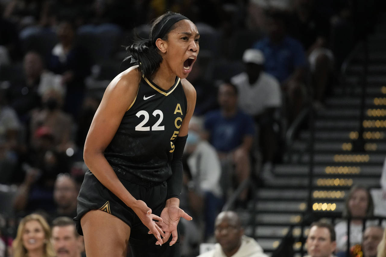 Las Vegas Aces forward A'ja Wilson (22) reacts after a play against the Phoenix Mercury during the ...