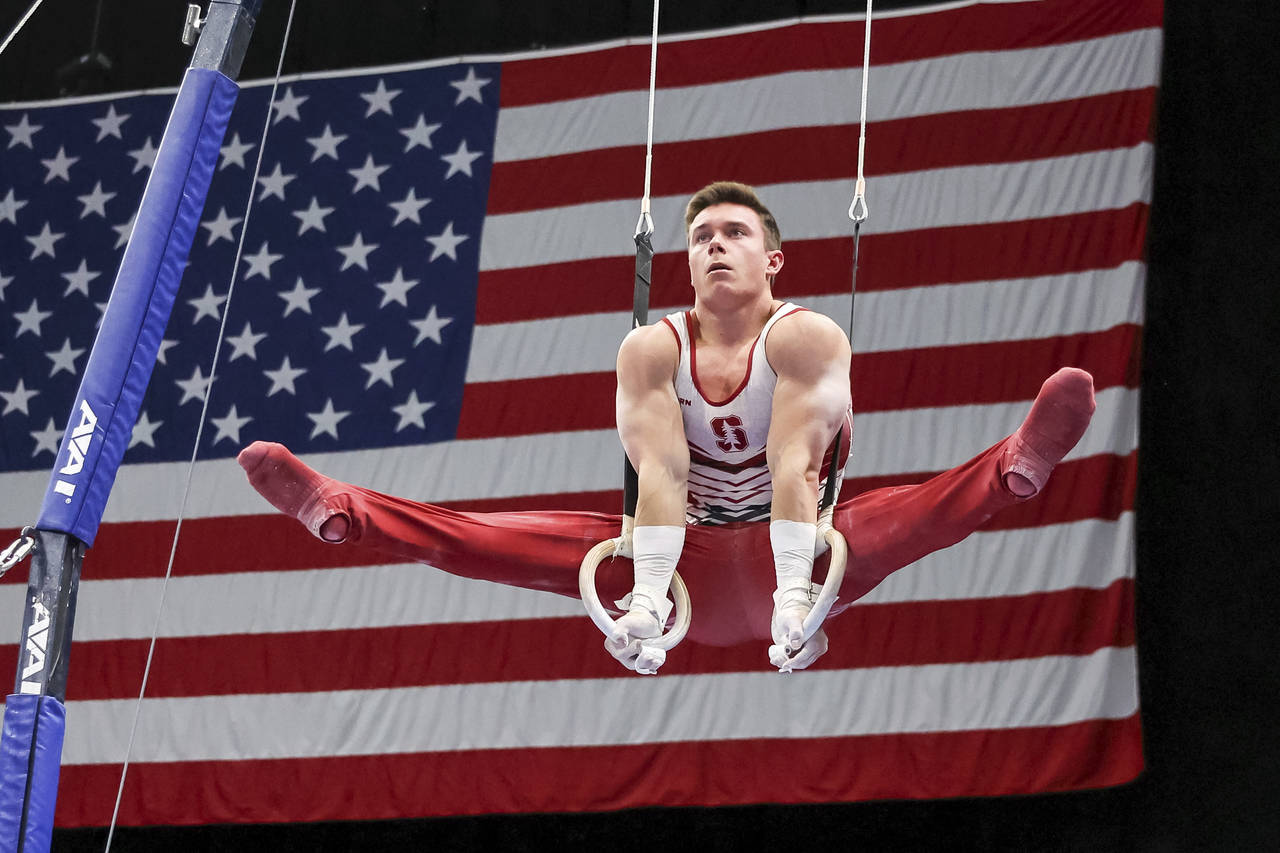 Brody Malone competes on the rings during the U.S. Gymnastics Championships, Saturday, Aug. 20, 202...