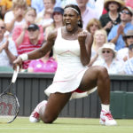 
              FILE - In this July 3, 2010, file photo, Serena Williams celebrates winning a point against Russia's Vera Zvonareva during their women's singles final at the All England Lawn Tennis Championships at Wimbledon. \Serena Williams says she is ready to step away from tennis after winning 23 Grand Slam titles, turning her focus to having another child and her business interests. “I’m turning 41 this month, and something’s got to give,” Williams wrote in an essay released Tuesday, Aug. 9, 2022, by Vogue magazine. (AP Photo/Alastair Grant, File)
            