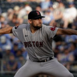 
              Boston Red Sox starting pitcher Nathan Eovaldi throws during the second inning of a baseball game against the Kansas City Royals Saturday, Aug. 6, 2022, in Kansas City, Mo. (AP Photo/Charlie Riedel)
            