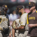 
              San Diego Padres manager Bob Melvin, right, walks off the mound during a pitching change in the eighth inning of a baseball game against the San Francisco Giants in San Francisco, Wednesday, Aug. 31, 2022. (AP Photo/Jeff Chiu)
            