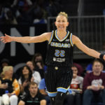 
              Chicago Sky's Courtney Vandersloot celebrates after scoring and expanding the Sky's lead over the New York Liberty during the second half in Game 2 of a WNBA basketball first-round playoff series Saturday, Aug. 20, 2022, in Chicago. The Sky won 100-62. (AP Photo/Charles Rex Arbogast)
            