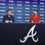 
              Atlanta Braves third baseman Austin Riley, right, and Braves general manager Alex Anthopoulos hold a news conference after Riley signed a 10-year, $212 million deal that runs through the 2032 season and includes a $20 million club option for 2033, on Tuesday, Aug. 2, 2022, in Atlanta. (Curtis Compton/Atlanta Journal-Constitution via AP)
            