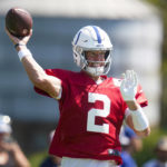 
              Indianapolis Colts quarterback Matt Ryan (2) throws during a joint practice with the Detroit Lions at NFL football training camp in Westfield, Ind., Thursday, Aug. 18, 2022. (AP Photo/Michael Conroy)
            