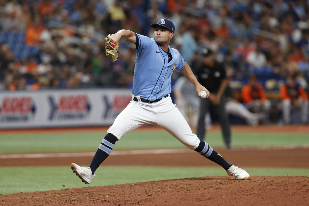 Tampa Bay Rays starting pitcher Shane McClanahan throws to a Baltimore Orioles batter during the si...