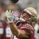 
              Florida State tight end Preston Daniel (45) reaches for a pass before an NCAA college football game against Duquesne, Saturday, Aug. 27, 2022, in Tallahassee, Fla. (AP Photo/Phil Sears)
            