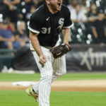 
              Chicago White Sox relief pitcher Liam Hendriks reacts after the final out in the team's win over the Kansas City Royals in a baseball game Wednesday, Aug. 31, 2022, in Chicago. (AP Photo/Kamil Krzaczynski)
            