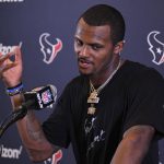 
              FILE - Houston Texans quarterback Deshaun Watson speaks during a news conference after an NFL football game against the Los Angeles Chargers, Sept. 22, 2019, in Carson, Calif. The NFL suspended Watson for six games on Monday, Aug. 1, 2022 for violating its personal conduct policy following accusations of sexual misconduct made against him by two dozen women in Texas, two people familiar with the decision said. (AP Photo/Mark J. Terrill, File)
            