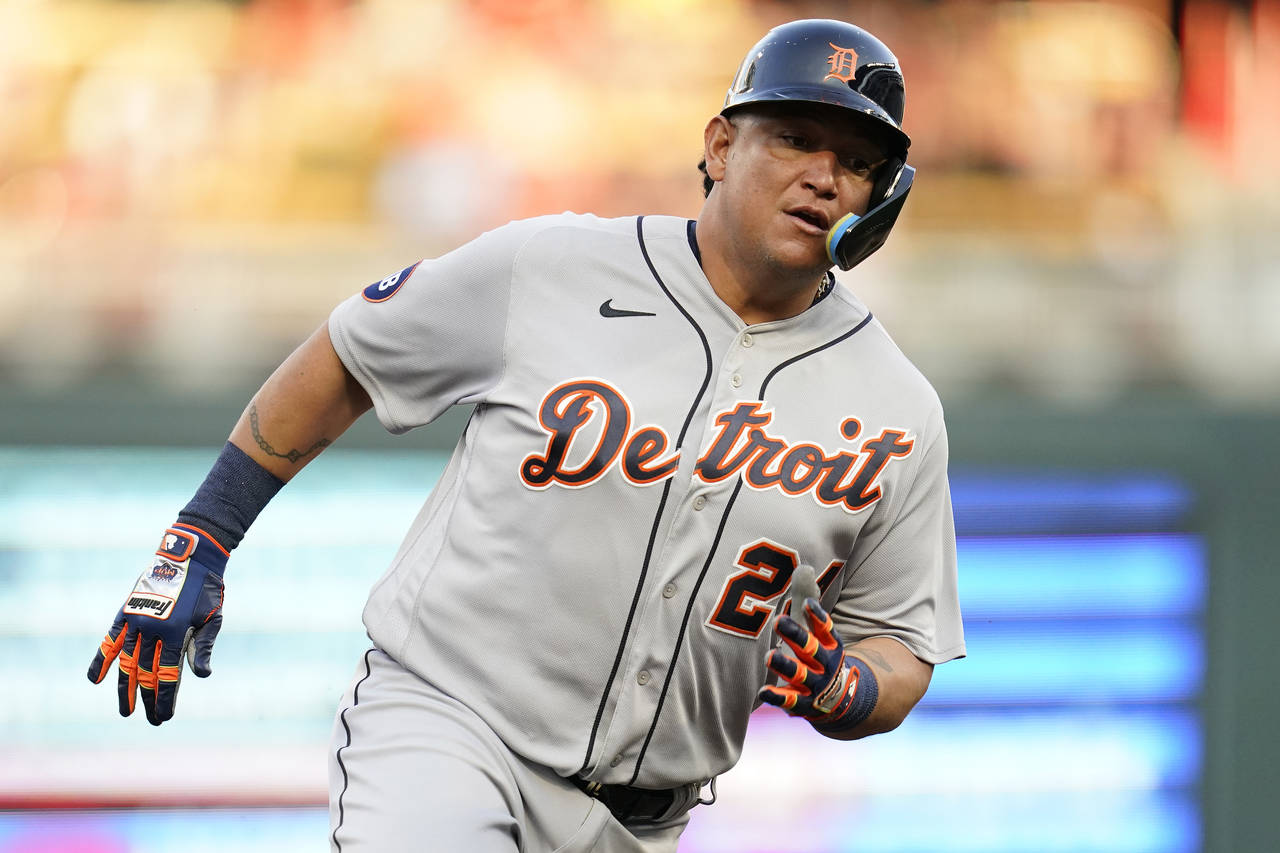 Detroit Tigers designated hitter Miguel Cabrera runs the bases to score off an RBI-single by Tucker...