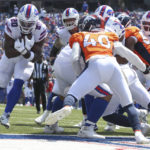 
              Buffalo Bills' Zack Moss, left, scores a touchdown during the first half of a preseason NFL football game against the Denver Broncos, Saturday, Aug. 20, 2022, in Orchard Park, N.Y. (AP Photo/Joshua Bessex)
            