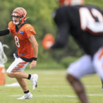 
              Cincinnati Bengals' Brandon Allen scrambles with the ball during a drill at the NFL football team's training facility in Cincinnati, Thursday, Aug. 4, 2022. (AP Photo/Aaron Doster)
            