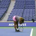 
              Serena Williams rests on the racket while practicing at Arthur Ashe Stadium before the start of the U.S. Open tennis tournament in New York, Thursday, Aug. 25, 2022. (AP Photo/Seth Wenig)
            