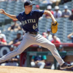 
              Seattle Mariners starting pitcher George Kirby throws to a Los Angeles Angels batter during the first inning of a baseball game in Anaheim, Calif., Wednesday, Aug. 17, 2022. (AP Photo/Alex Gallardo)
            