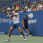 
              Rafael Nadal, of Spain, returns a shot during a practice session for the US Open tennis championships, Friday, Aug. 26, 2022, in New York. (AP Photo/Julie Jacobson)
            