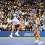 
              Stefanos Tsitsipas, left, and Maria Sakkari, of Greece, right, celebrate a point during  "The Tennis Plays for Peace" exhibition match to raise awareness and humanitarian aid for Ukraine Wednesday, Aug. 24, 2022, in New York. The 2022 U.S. Open Main Draw will begin on Monday, Aug. 29, 2022. (AP Photo/Frank Franklin II)
            