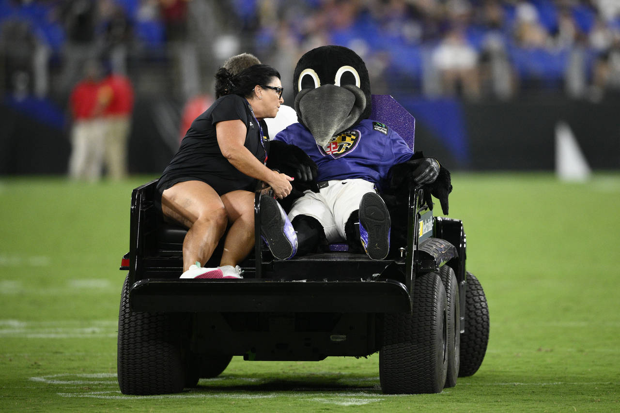 Poe, the Baltimore Ravens' mascot, rides on a medical cart during halftime of a preseason NFL footb...