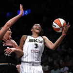 
              New York Liberty center Stefanie Dolson defends against Chicago Sky forward Candace Parker (3) during the first half of a WNBA basketball playoff game Tuesday, Aug. 23, 2022, in New York. (AP Photo/Noah K. Murray)
            