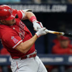 
              Los Angeles Angels' Mike Trout connects for an RBI single off Tampa Bay Rays starting pitcher Jeffrey Springs during the fifth inning of a baseball game Monday, Aug. 22, 2022, in St. Petersburg, Fla. Angels' Andrew Velazquez scored on the hit. (AP Photo/Chris O'Meara)
            